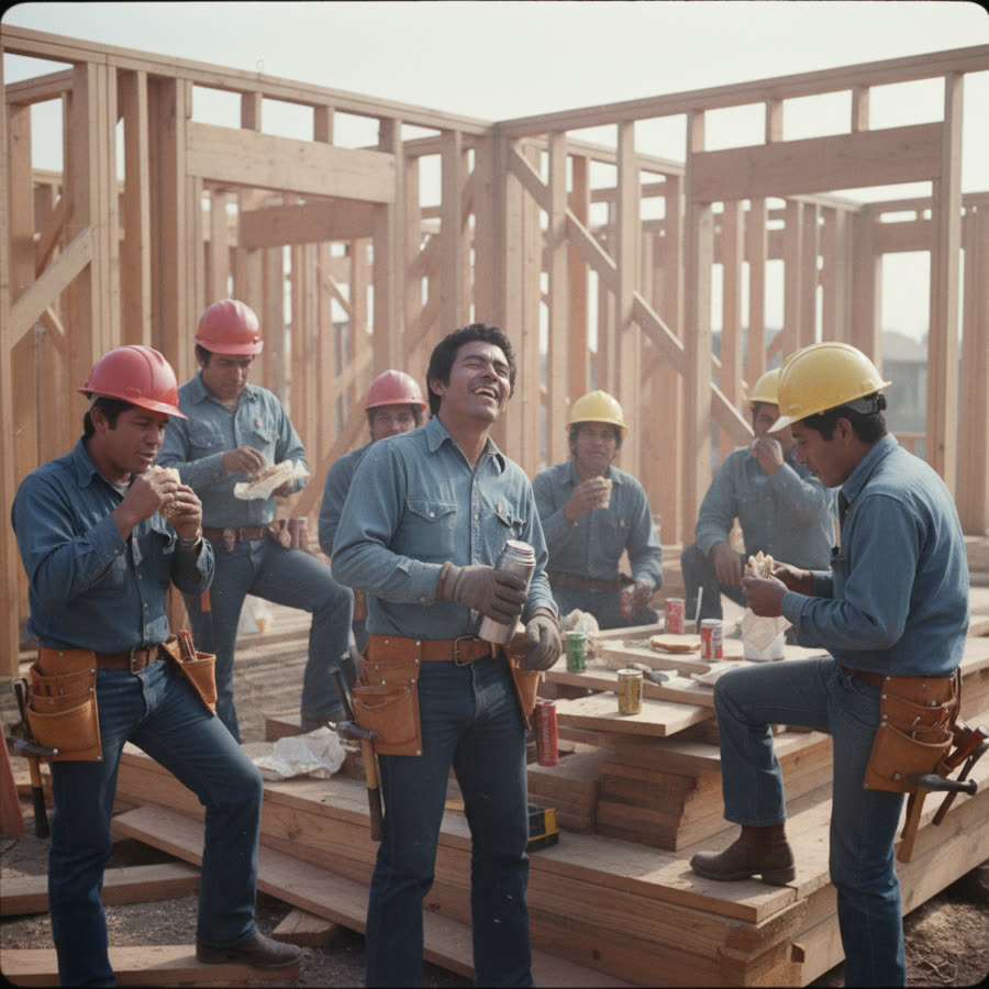 A construction crew at lunch, 1970s