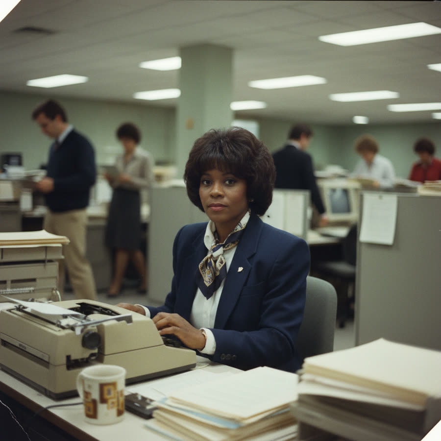 At her desk, 1980s